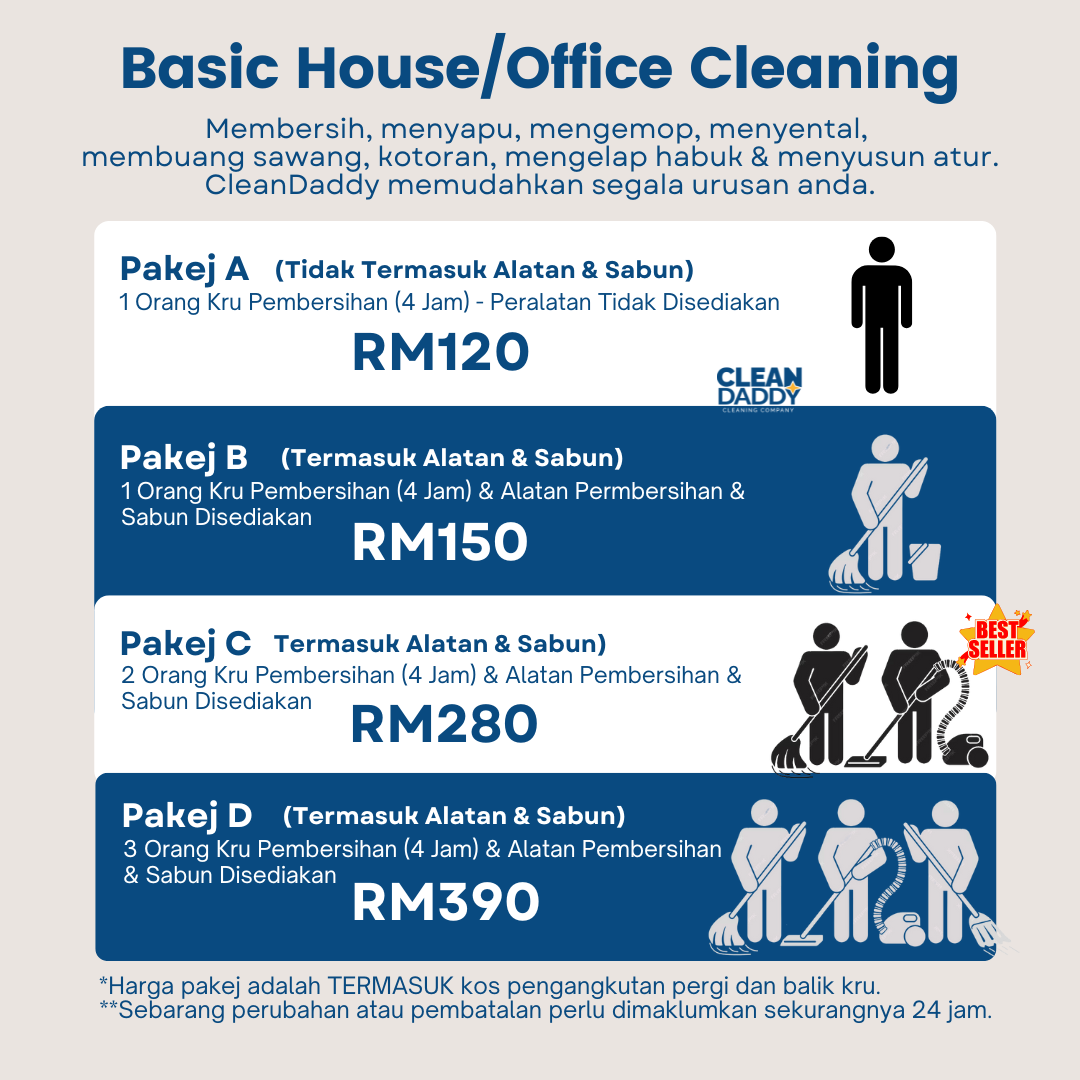 Servis Pembersihan Rumah Senarai harga perkhidmatan cucian rumah oleh CleanDaddy untuk pembersihan kediaman secara profesional.